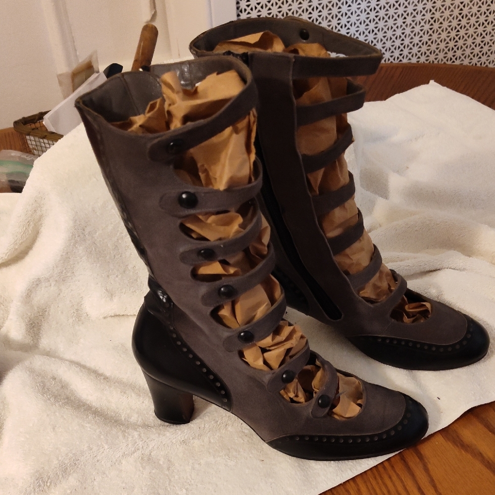 Gray and Black Lace Up Boots with Mid-Calf Height